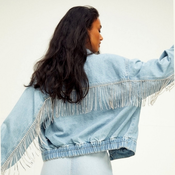 LAST ONE! Free People Rhinestone Fringe Denim Bomber Jacket Meteor Wash - Picture 11 of 15